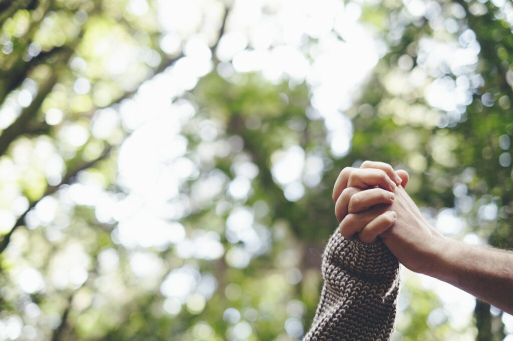 Couple of hands touching and holding with nature woods background. Concept of ambient